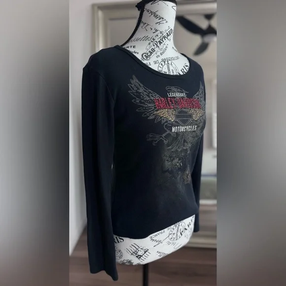 Harley Davidson Bling Rhinestone Eagle Biker Moto Top Thunder 2005 Women’s S - Picture 5 of 8